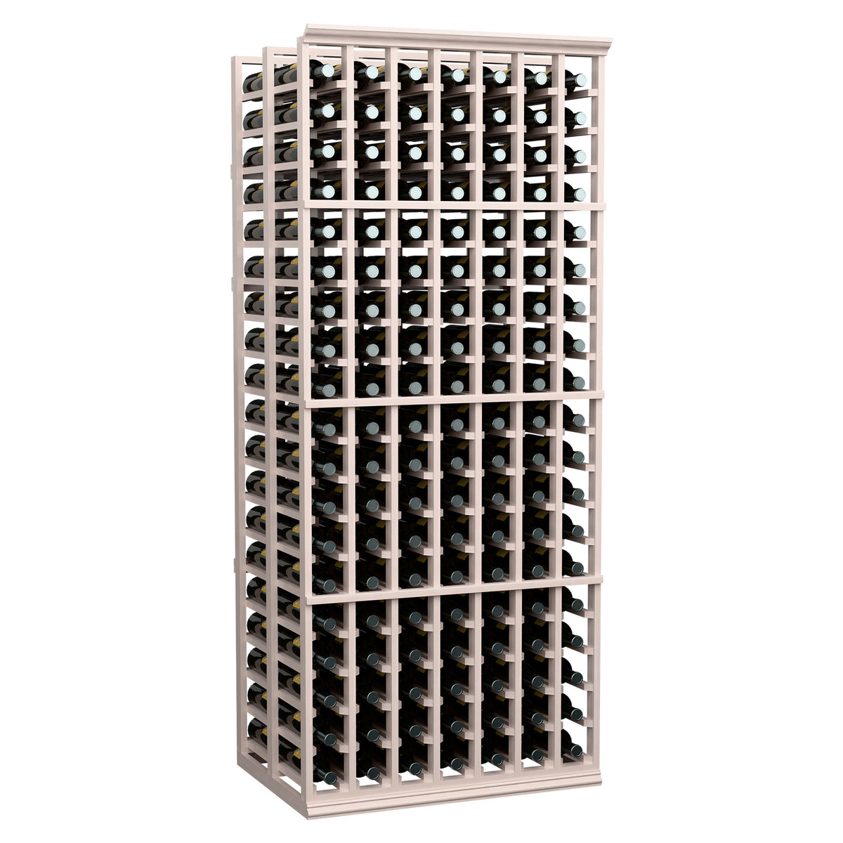 Light grey wood double-deep wine rack with bottle slots and upright front view