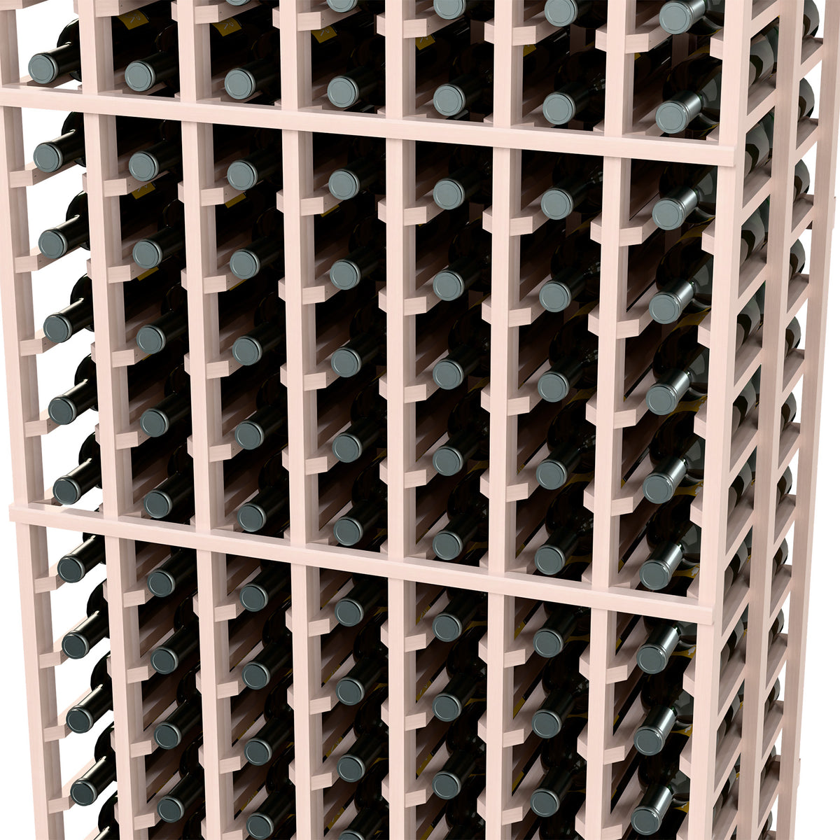 Light grey wine rack interior with rows of bottle slots and bottle necks showing