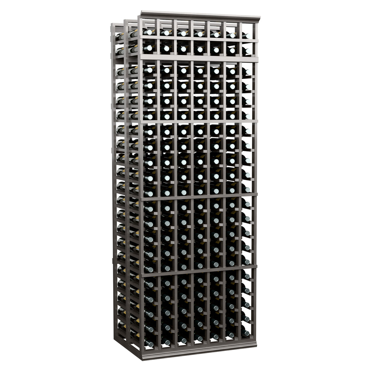 Double-deep 7-column wine bottle rack, dark frame, angled view showing grid bottle holders