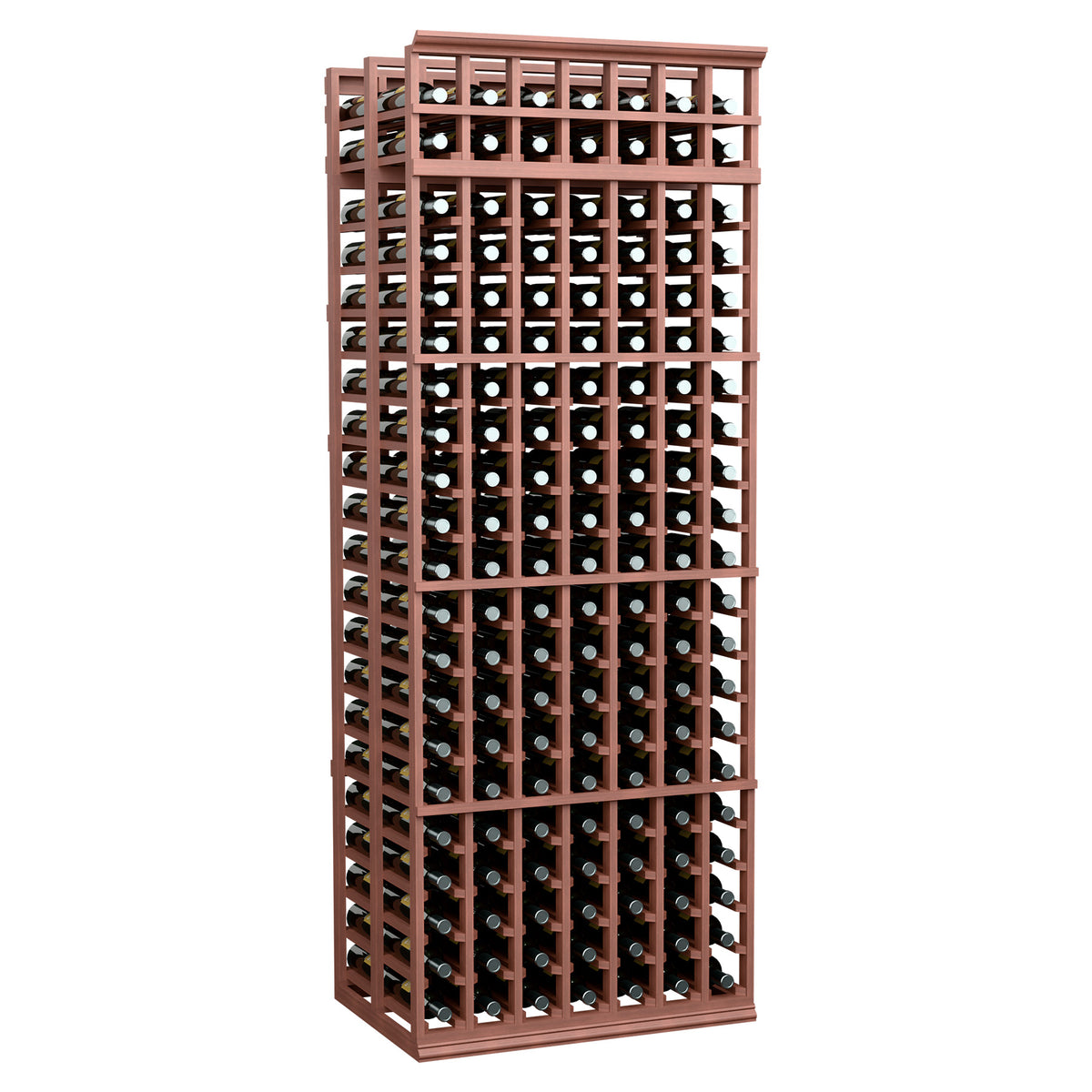 Double-deep 7-column wine bottle rack, warm red-brown frame, front view with circular slots