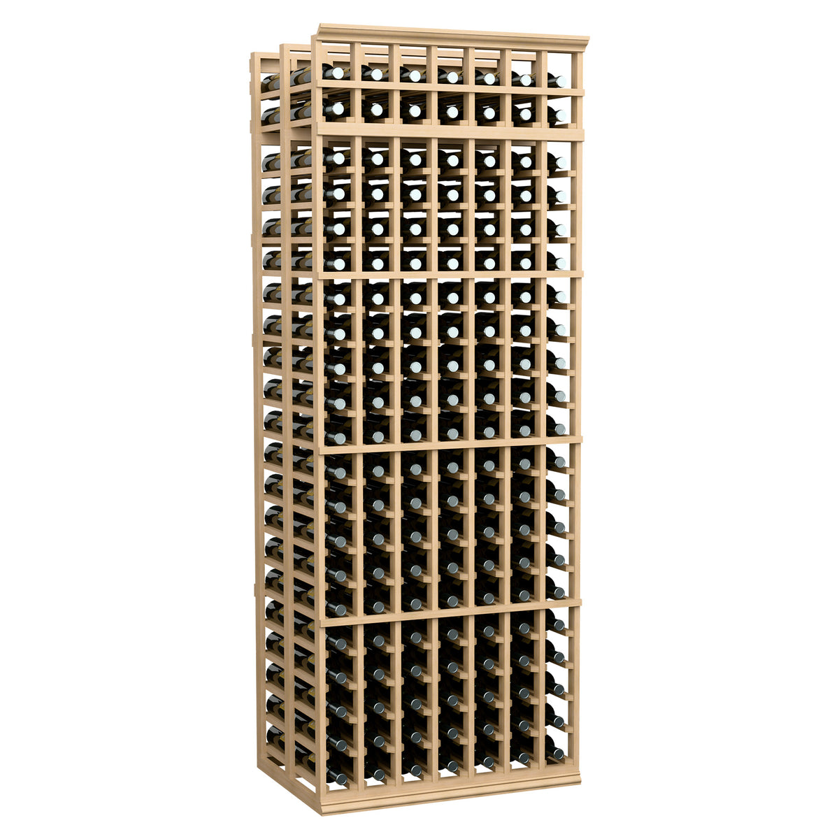 Double-deep 7-column wine bottle rack, light wood frame, front view with circular bottle slots