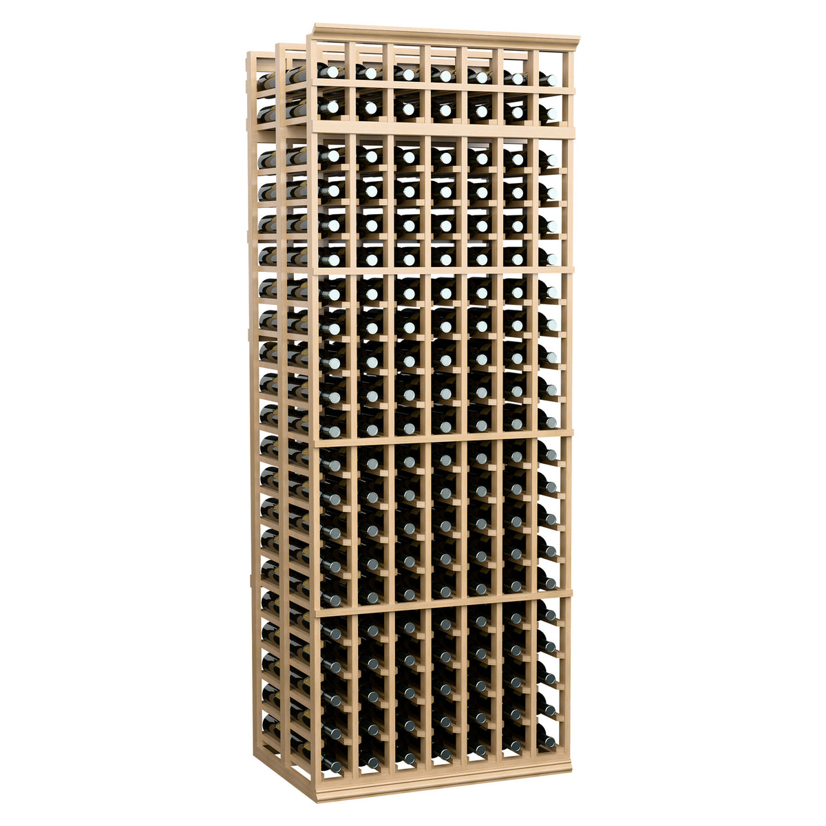 Double-deep 7-column wine bottle rack, light wood frame, angled view showing bottle grid