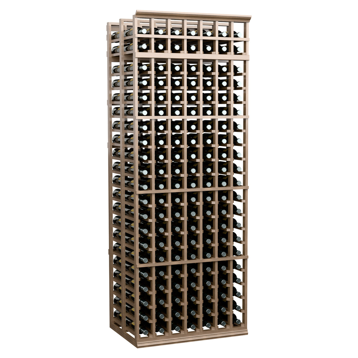 Double-deep 7-column wine bottle rack, medium brown frame, angled view of bottle holder grid