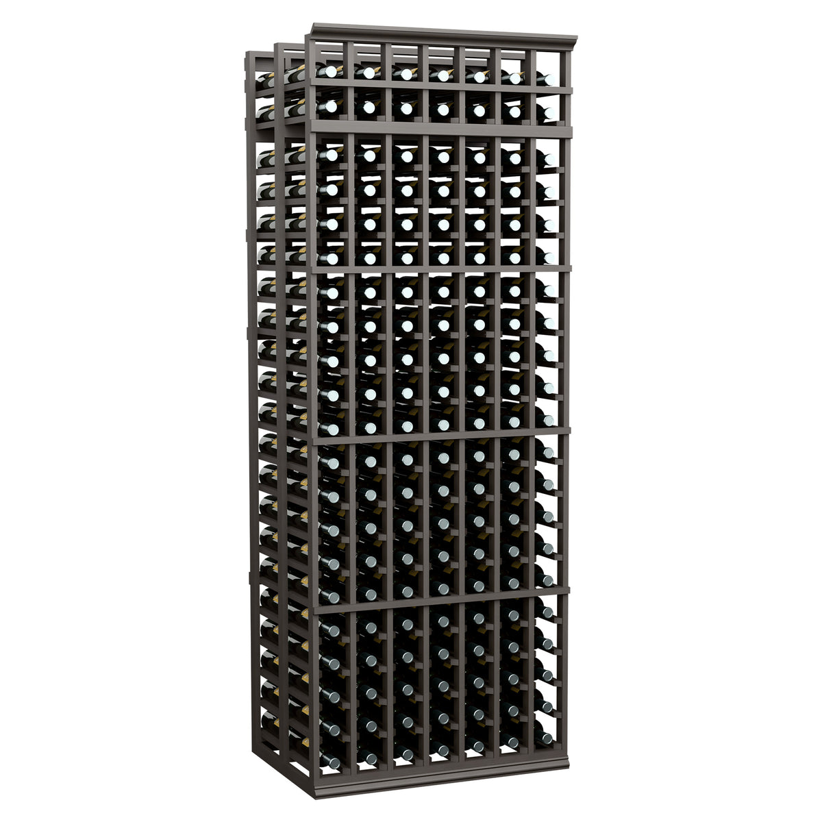 Double-deep 7-column wine bottle rack, dark frame, front view with rows of bottle slots