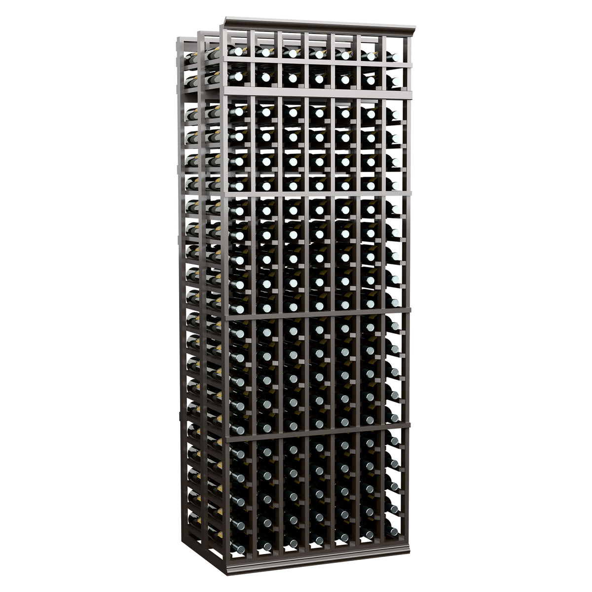 Double-deep 7-column wine bottle rack, dark frame, angled view showing stacked bottle rows