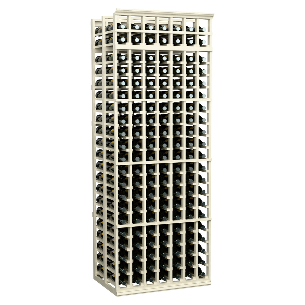 7-ft double-deep wine rack with 7 columns, pale whitewashed frame and bottle storage grid