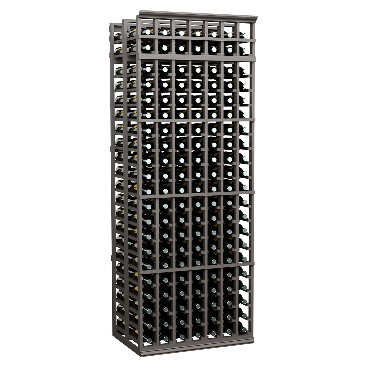 7-column double-deep wine bottle rack with dark gray metal frame and grid holders