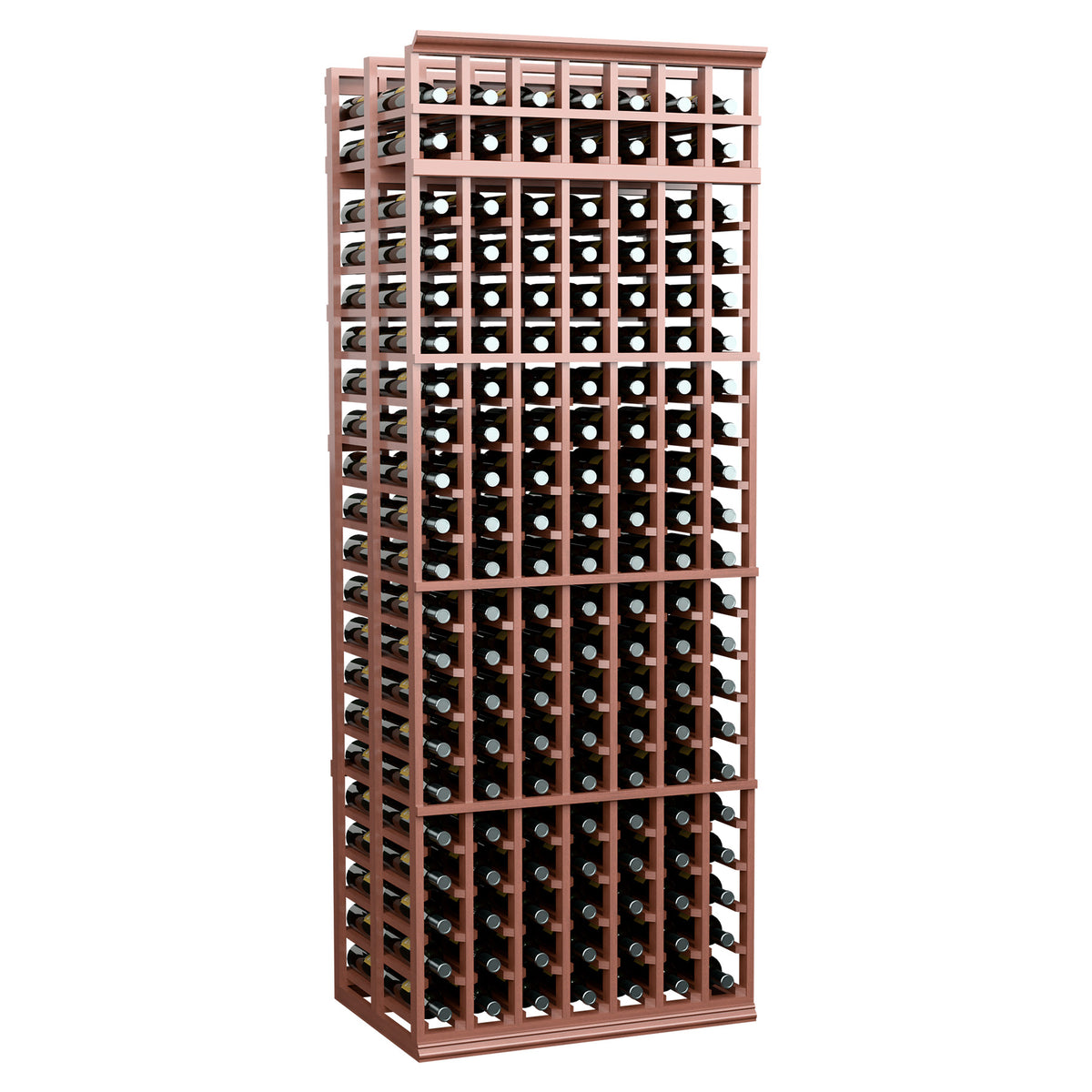 7-column double-deep wine bottle rack with warm brown frame and dense bottle grid