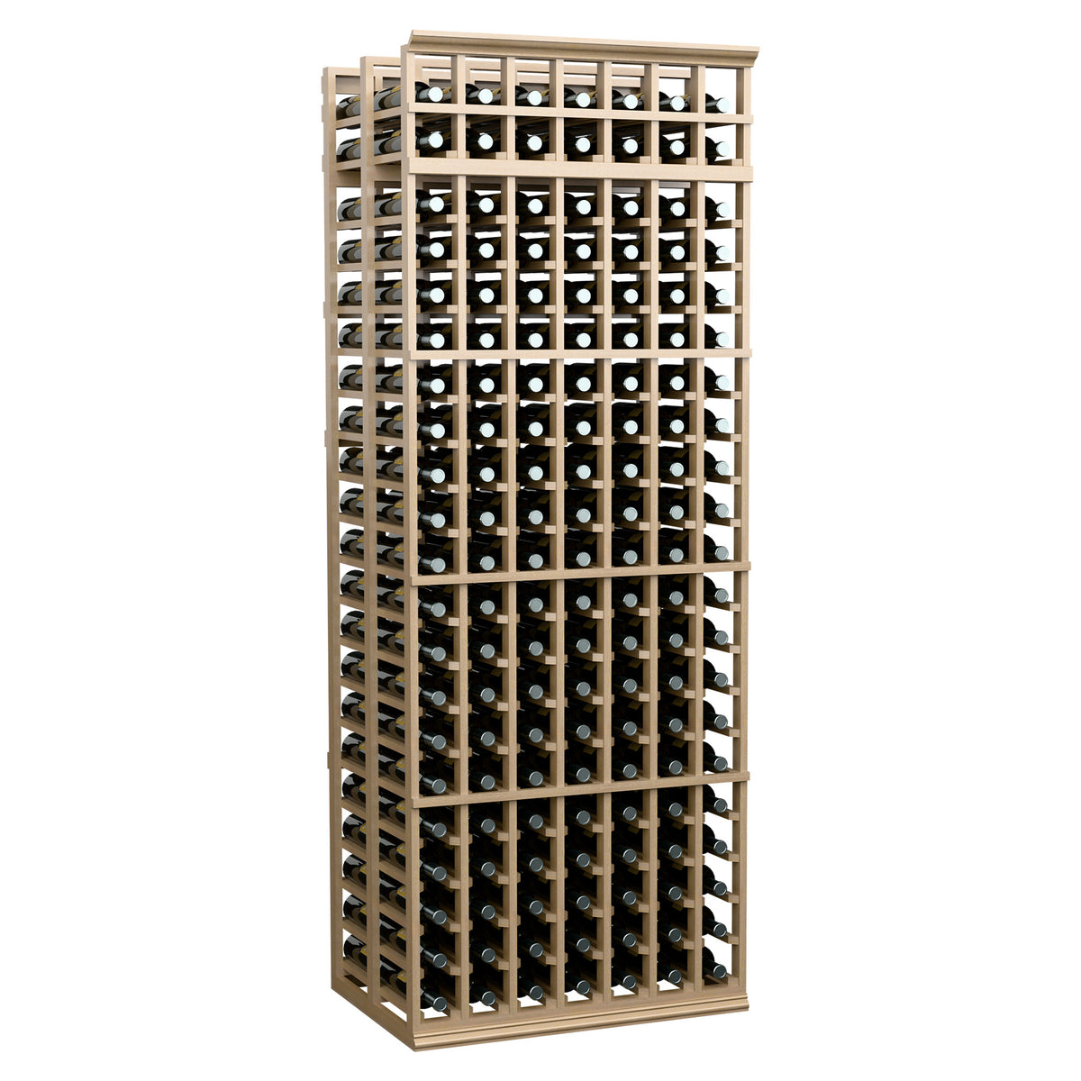 7-column double-deep wine bottle rack with light tan frame and front bottle holder grid