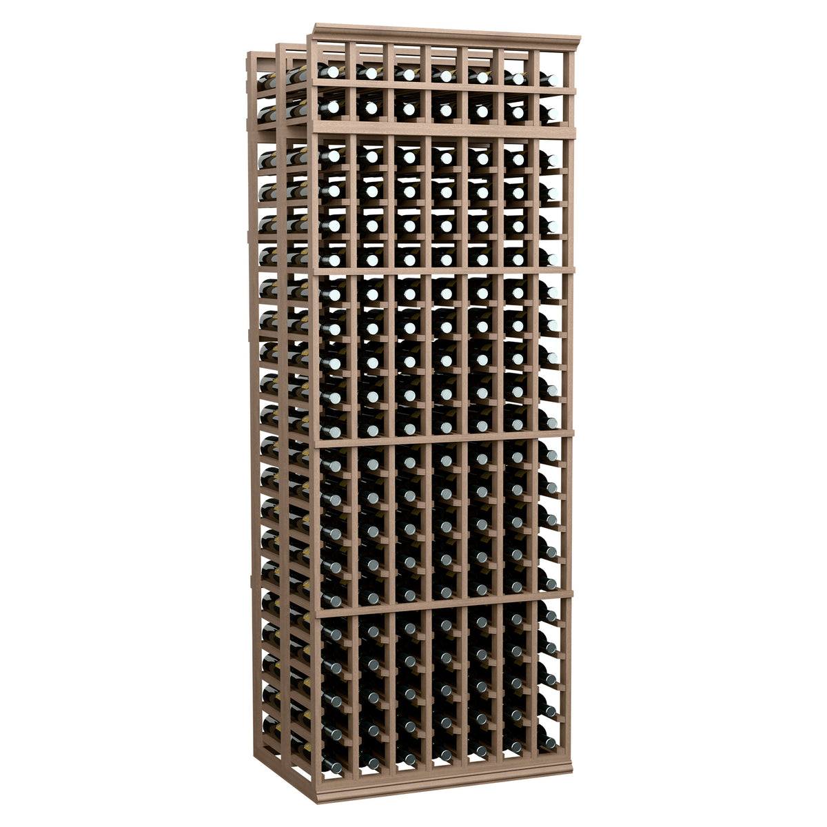 7-column double-deep wine bottle rack with gray wood frame and bottle storage rows