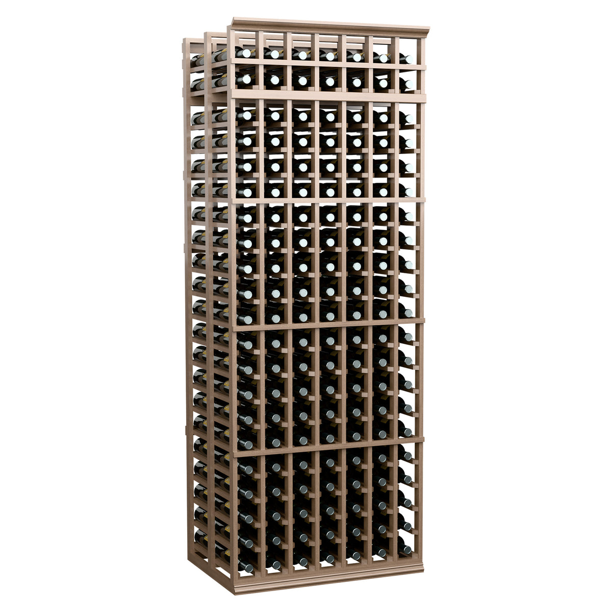 7-column double-deep wine bottle rack with gray wood frame and slotted bottle compartments