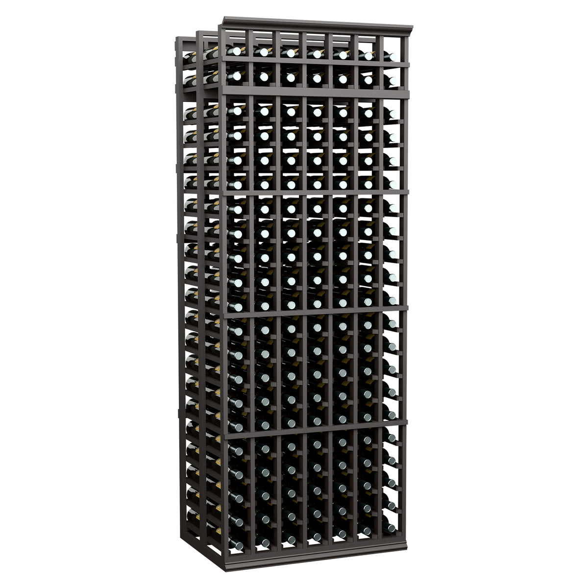 7-column double-deep wine bottle rack with dark gray metal frame and bottle holder grid