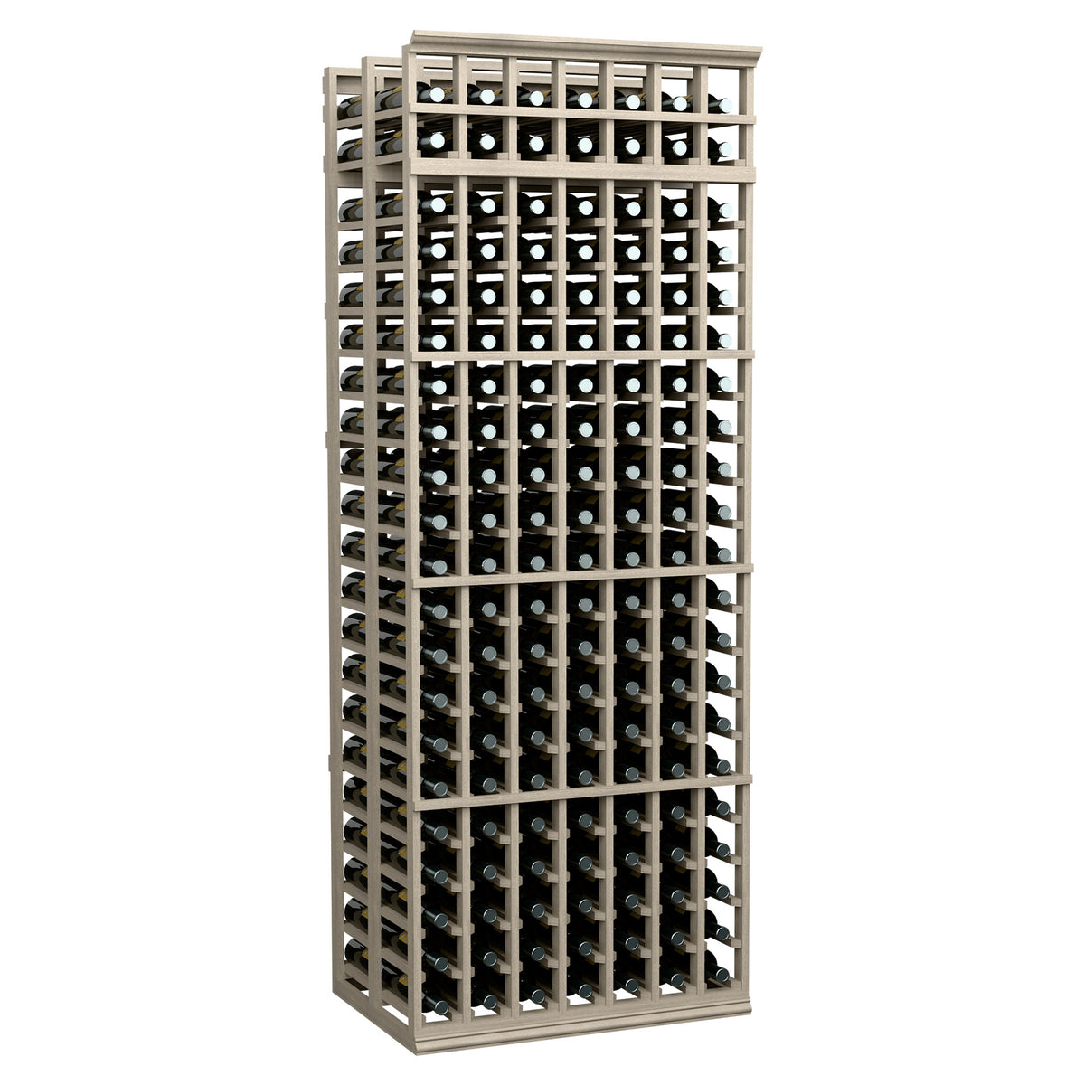 White-wash 7-ft double-deep wine rack with 7 columns and glass-bottle holder slots