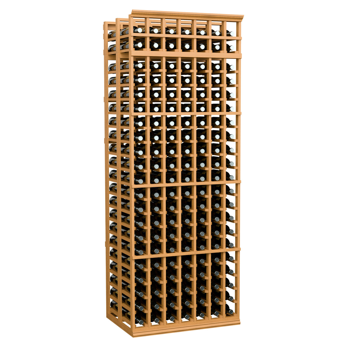 Light tan wood double-deep wine rack with 7 columns and bottle-holding pegs