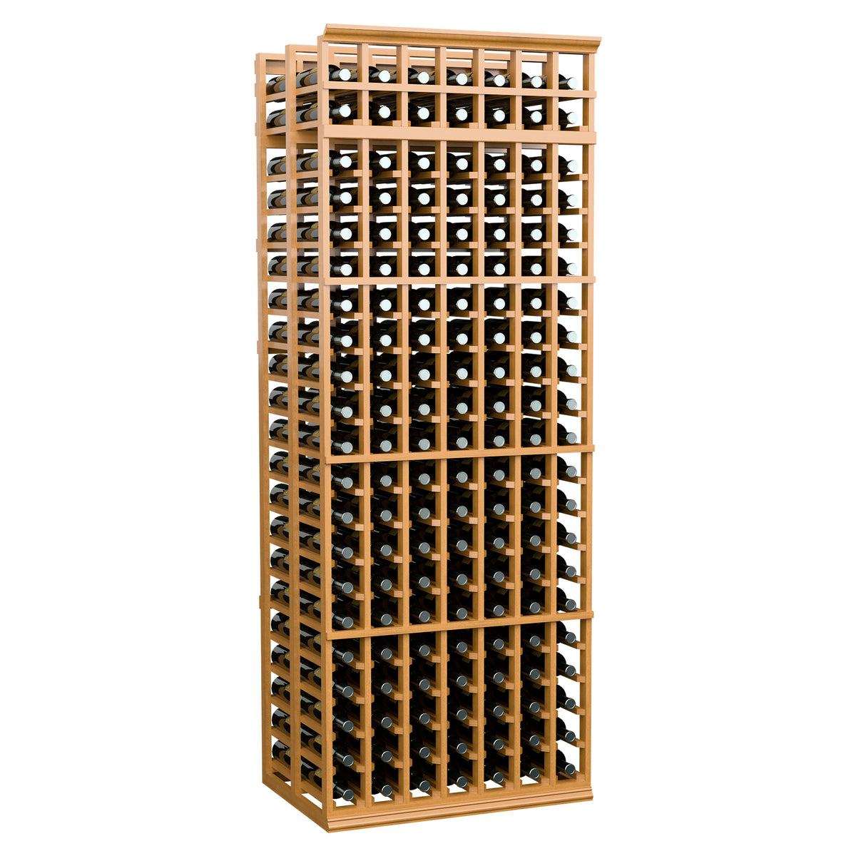 Light tan double-deep wine rack, front view with 7-column grid for bottles