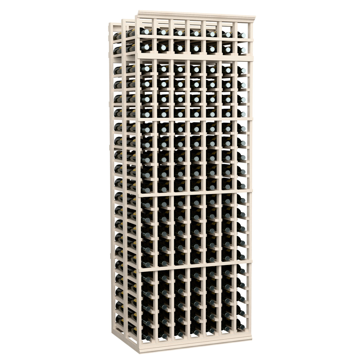 White-finished double-deep wine rack with 7 columns of bottle slots and dividers