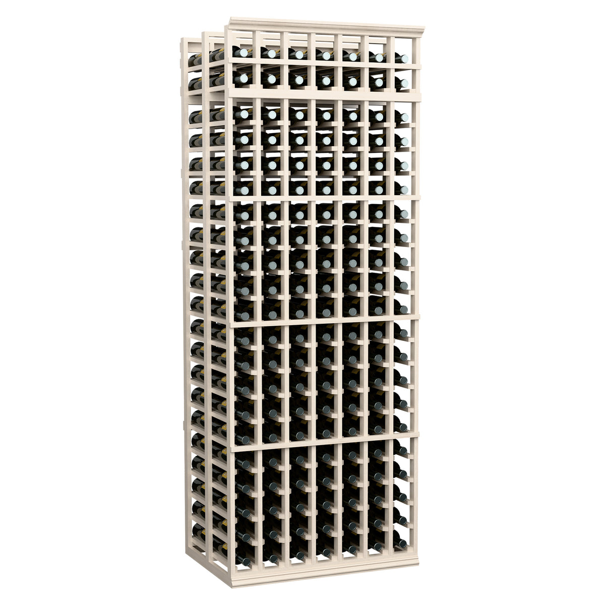 White-finished 7-ft double-deep wine rack with 7-column bottle holders
