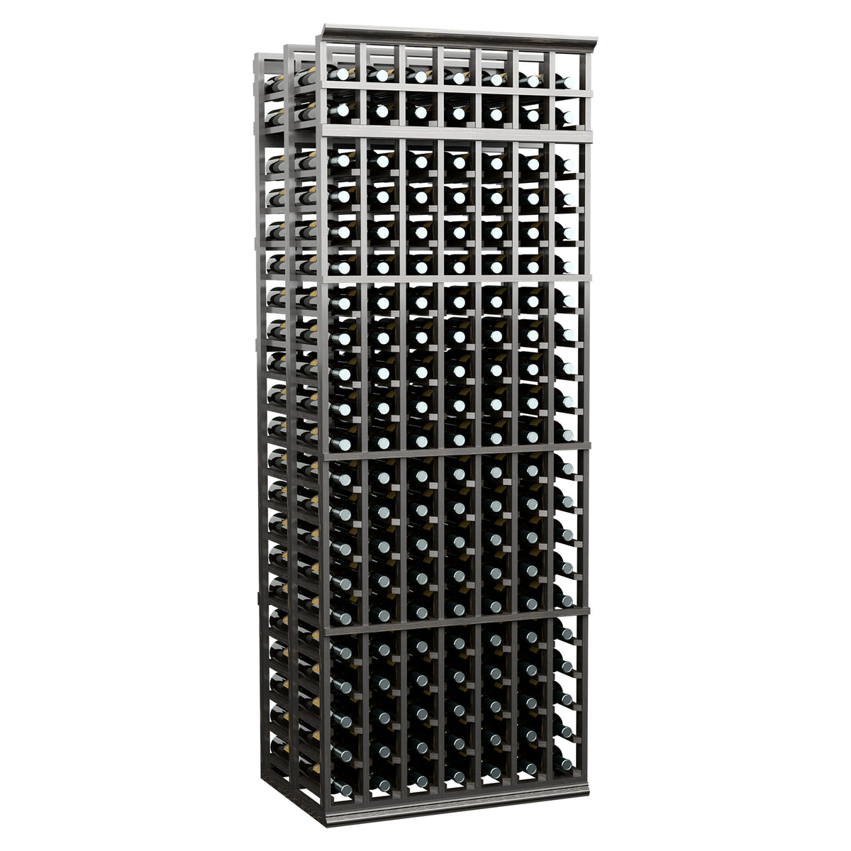 7-column double-deep wine bottle rack, dark metal grid with bottle rows