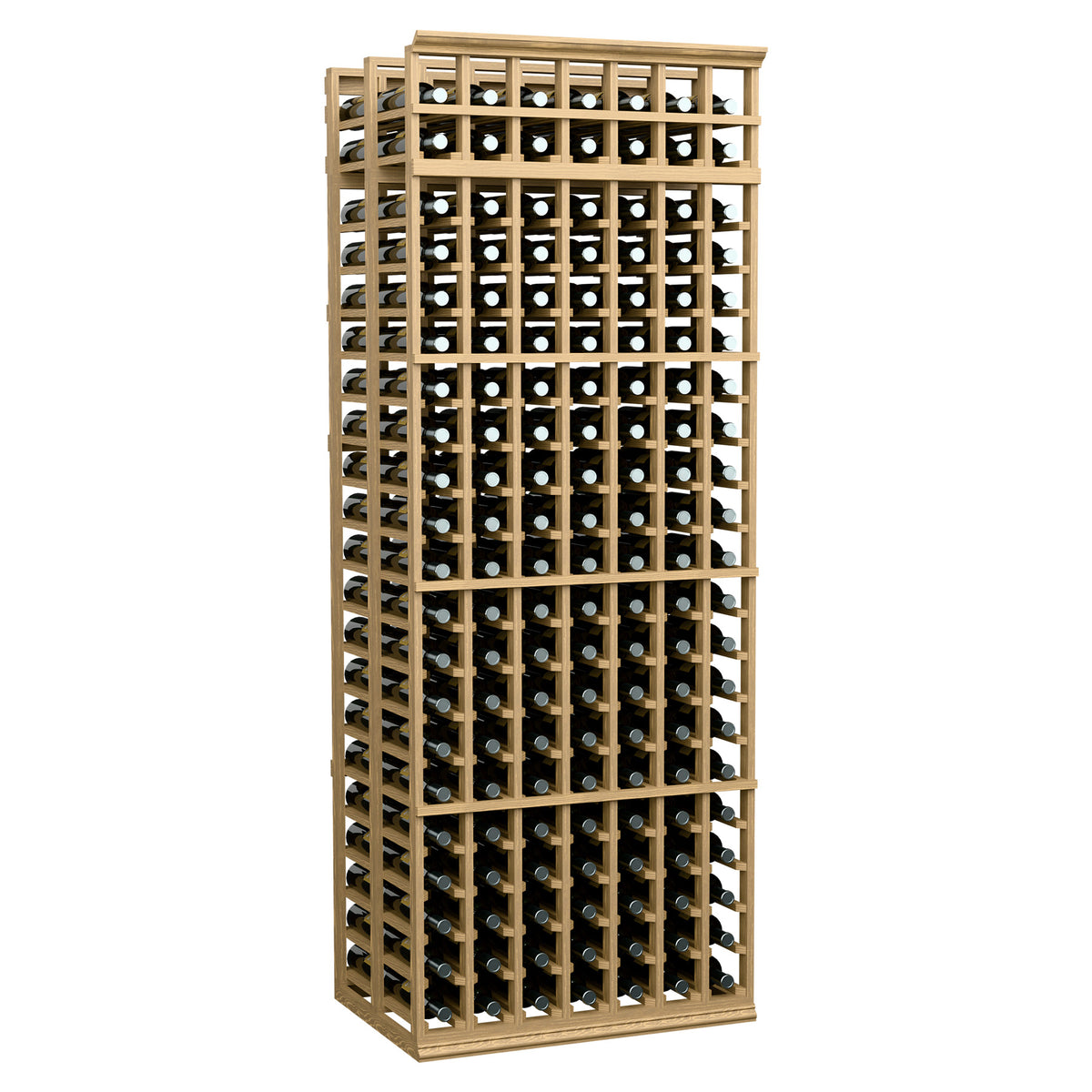 7-column double-deep wine bottle rack, honey wood frame with bottle openings