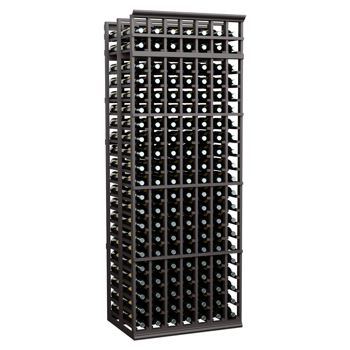 7-column double-deep wine bottle rack, dark metal grid with storage bottle slots