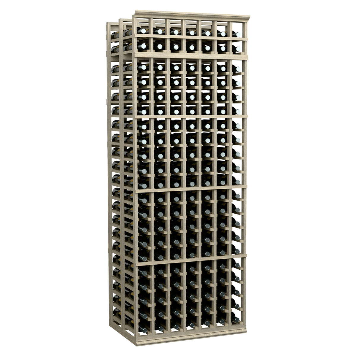 7ft double-deep wine bottle rack with 7 columns, light frame, black bottle slots