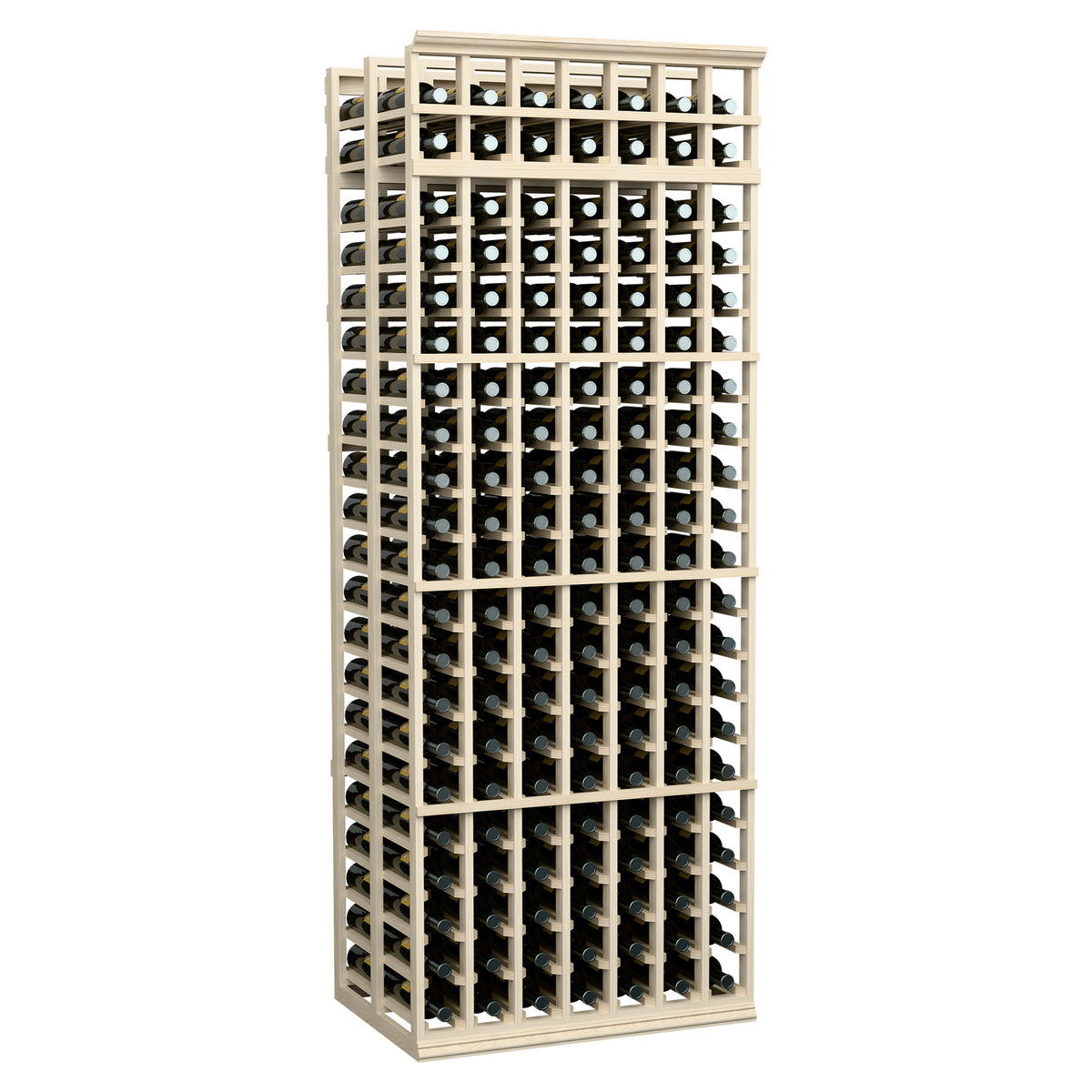 7ft double-deep wine bottle rack, light frame with black vertical supports and rows