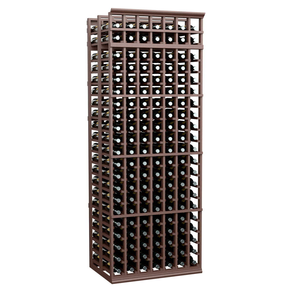 7ft double-deep wine bottle rack with 7 columns, dark brown frame and black slots