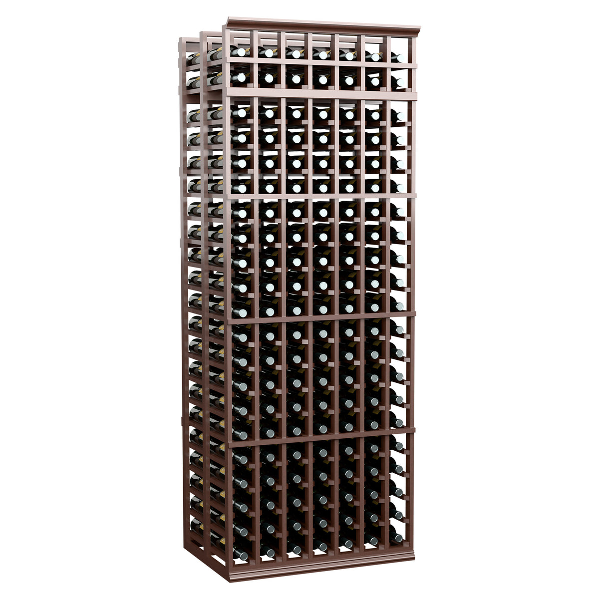 7ft double-deep wine bottle rack with 7 columns, dark frame, black interior grid