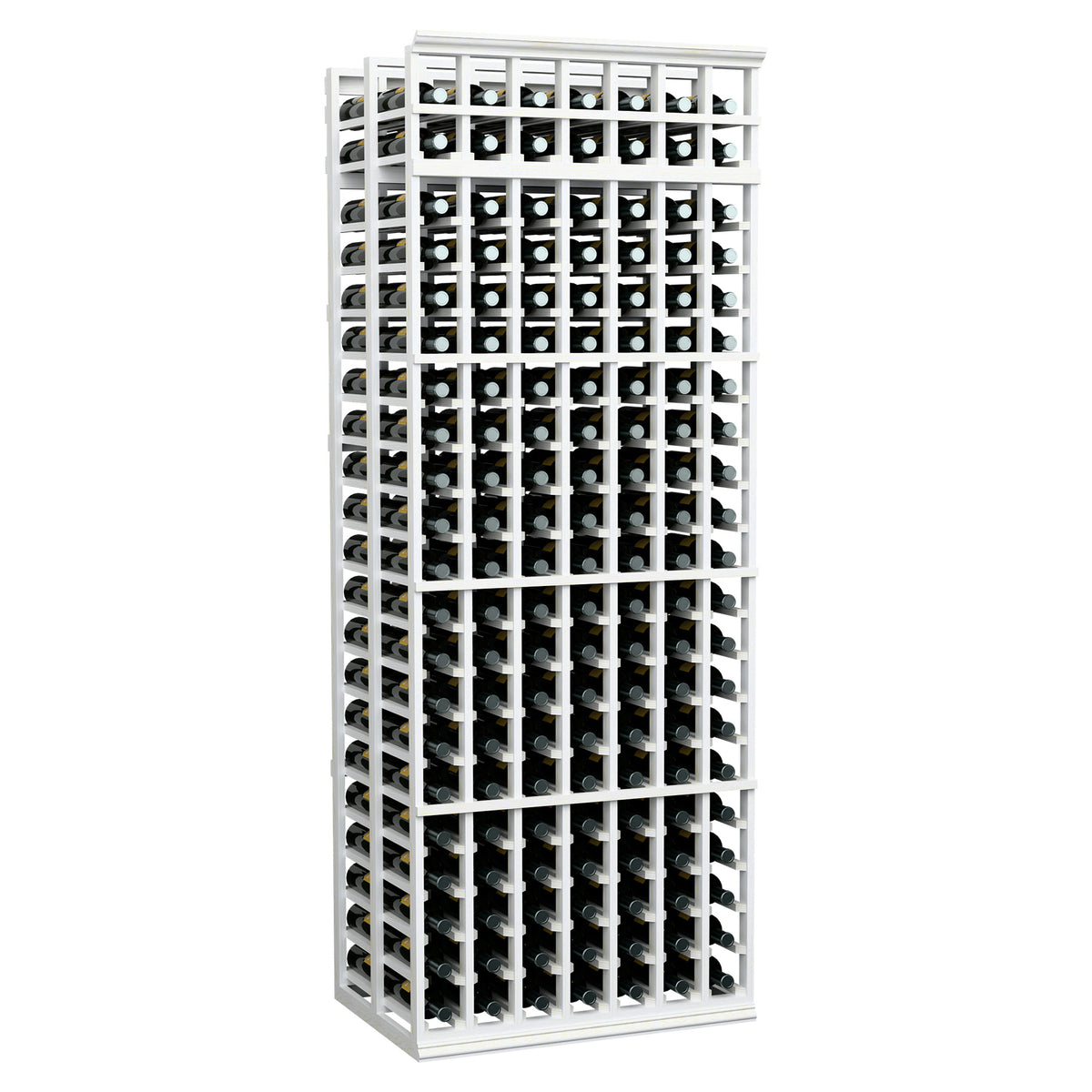 7ft double-deep wine bottle rack with 7 columns, white frame and black interior rows