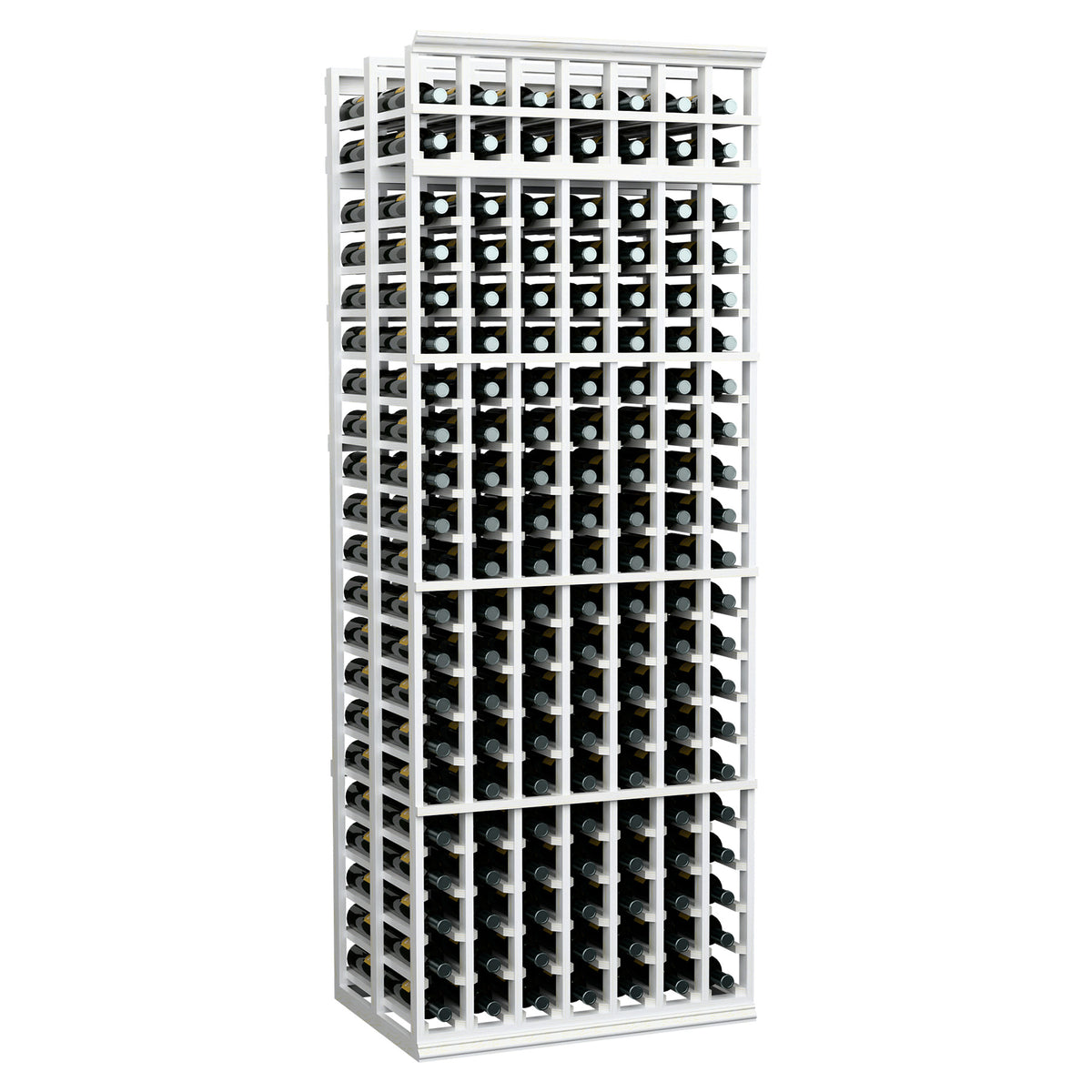 7ft double-deep wine bottle rack with 7 columns, white frame with black vertical supports