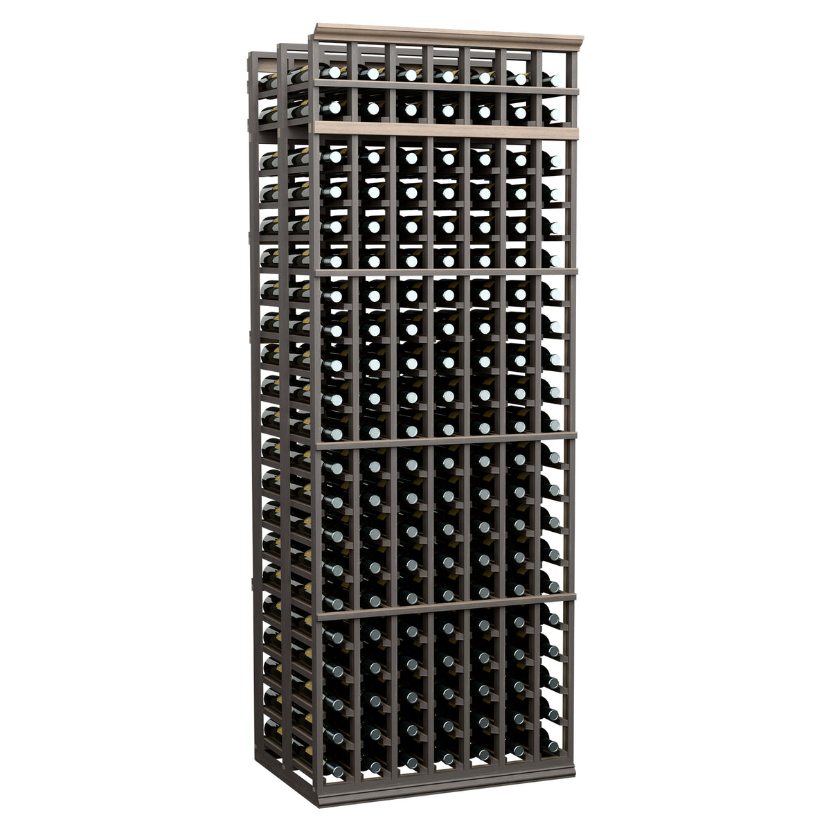 Black double-deep wine bottle rack with front grid holding multiple bottles.