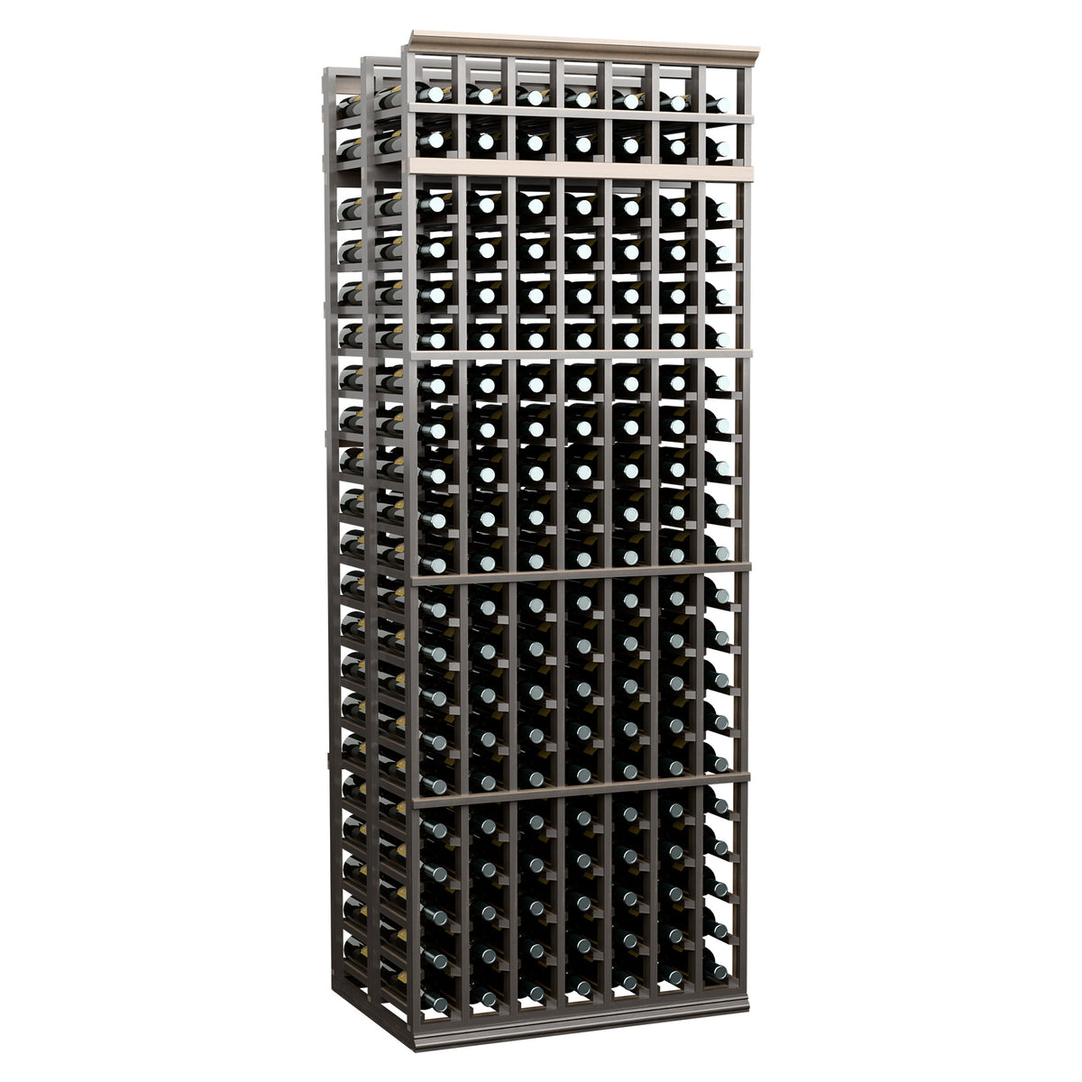 Black double-deep wine bottle rack in angled view with bottle storage grid.