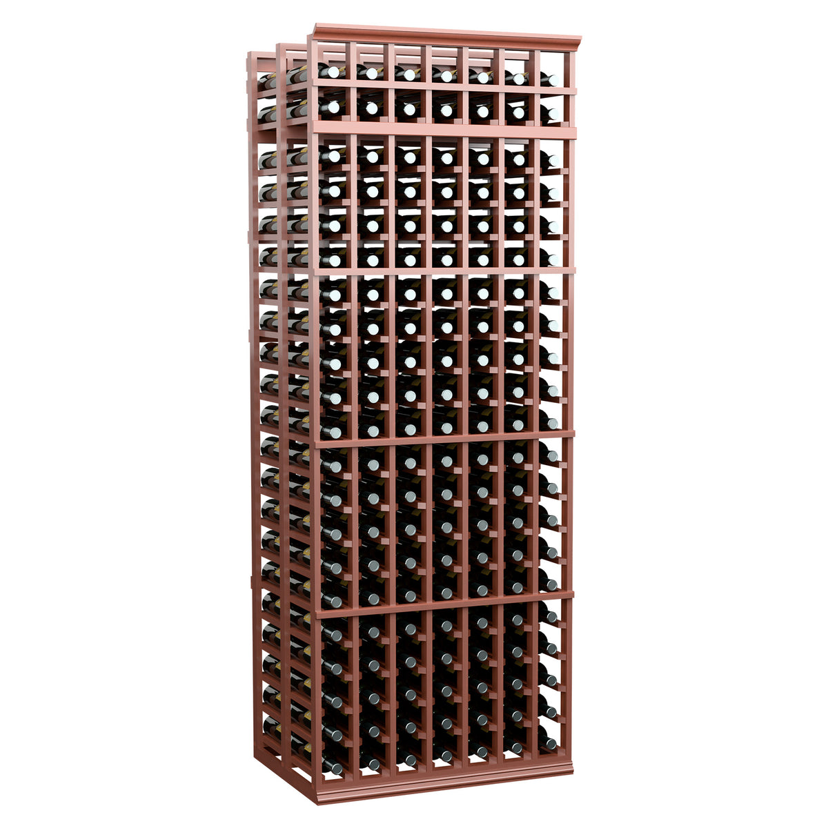 Red double-deep wine bottle rack angled view, showing front bottle compartments.