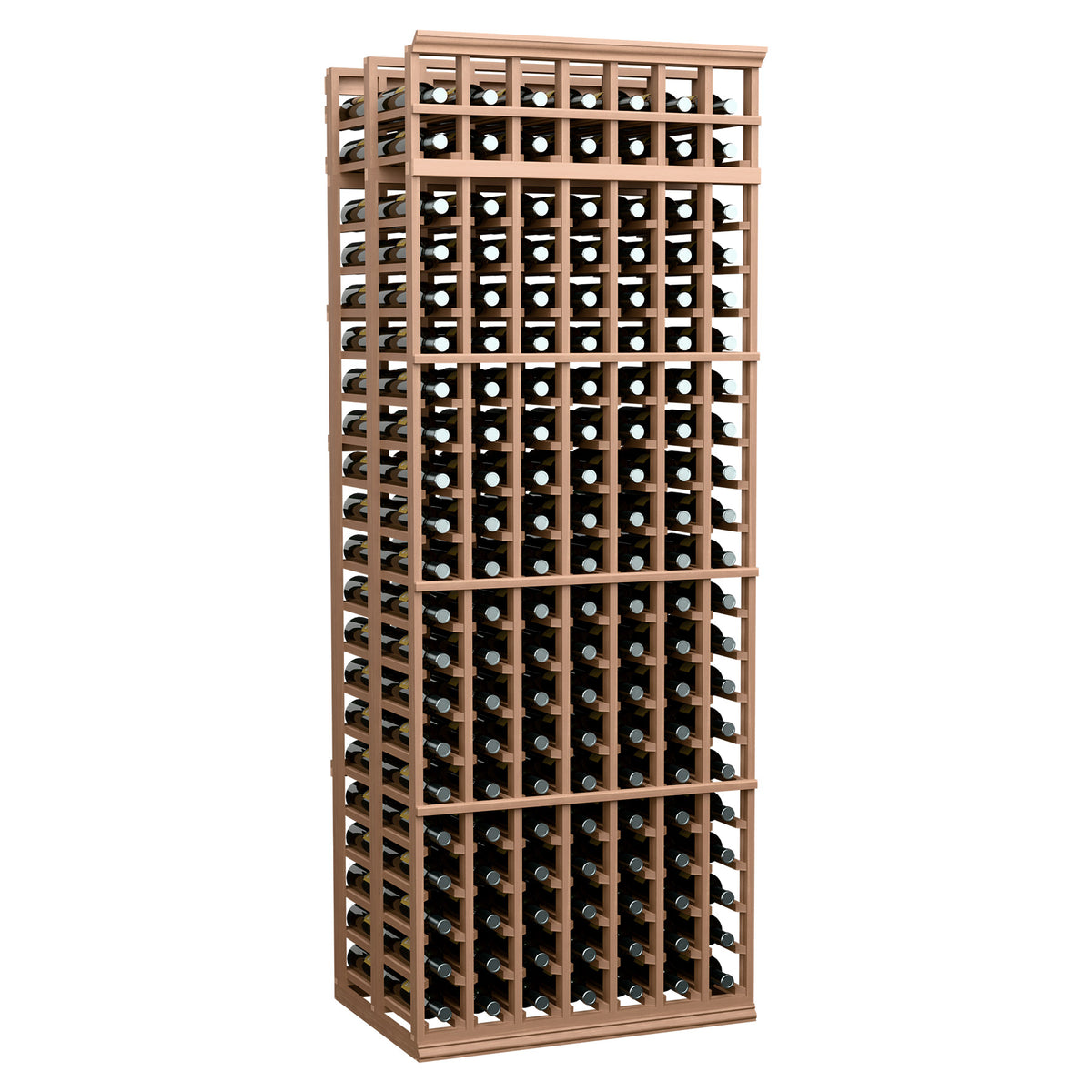 Light brown double-deep wine bottle rack with front grid holding wine bottles.