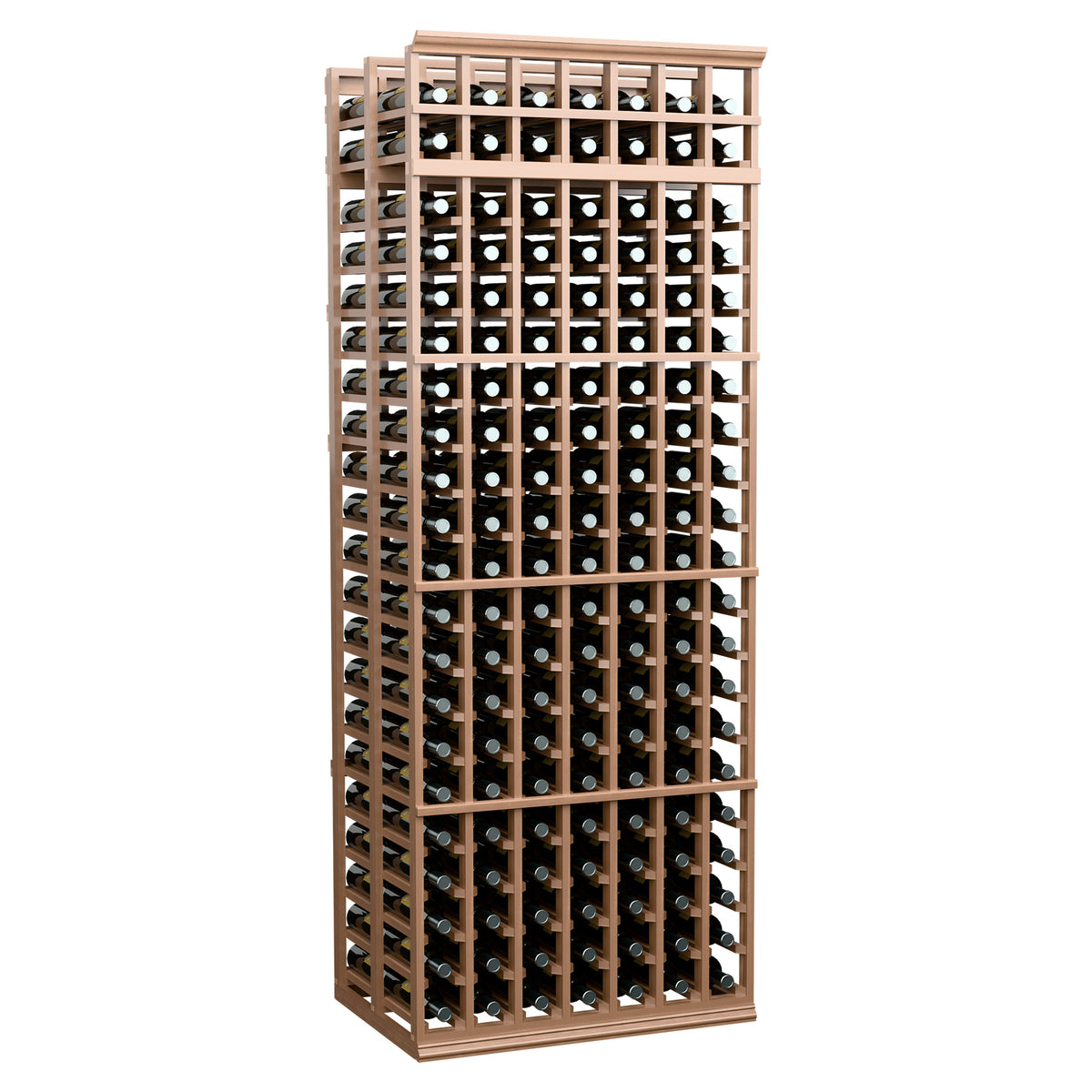 Light brown double-deep wine bottle rack angled view with bottle storage grid.