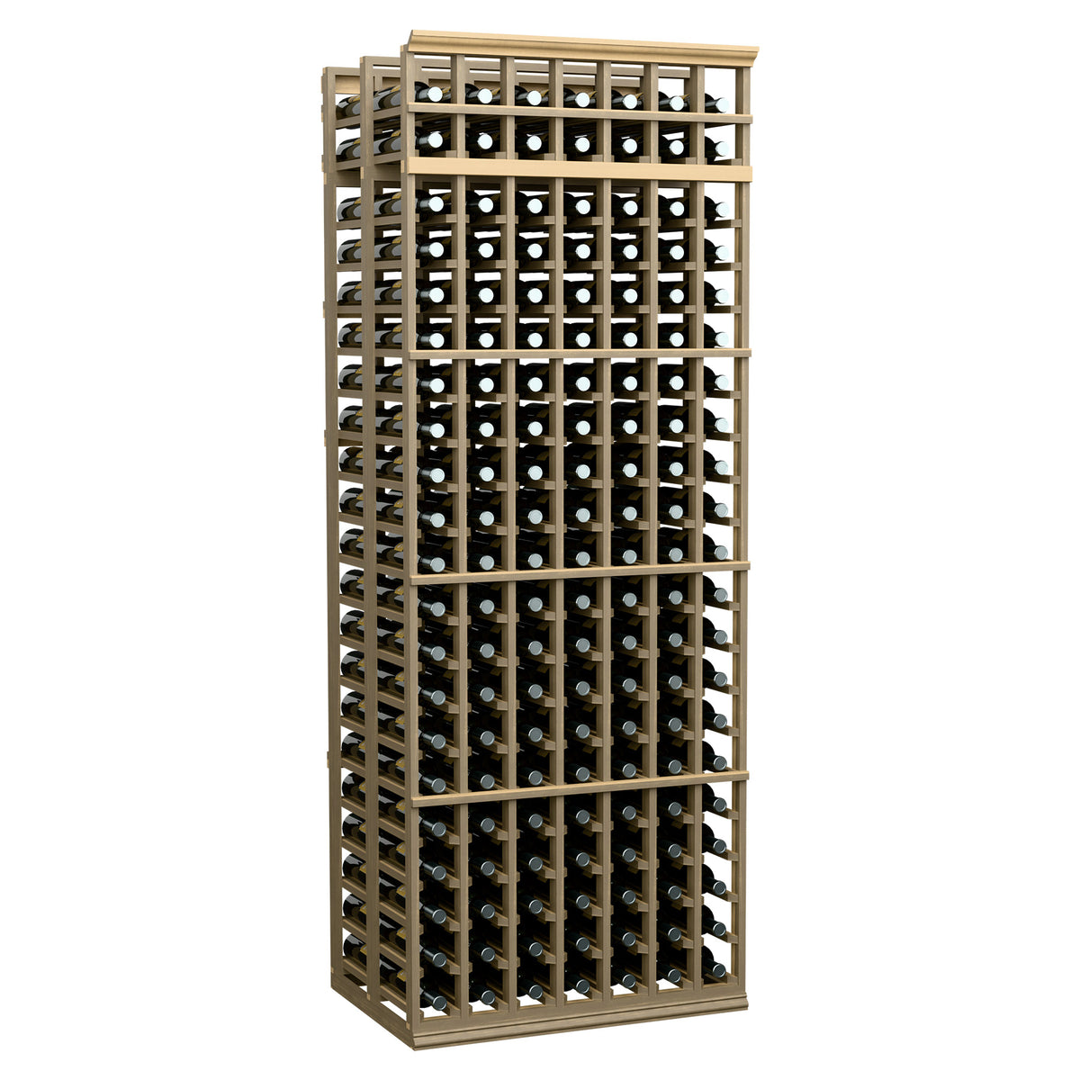 Gray double-deep wine bottle rack with front grid and multiple bottles.