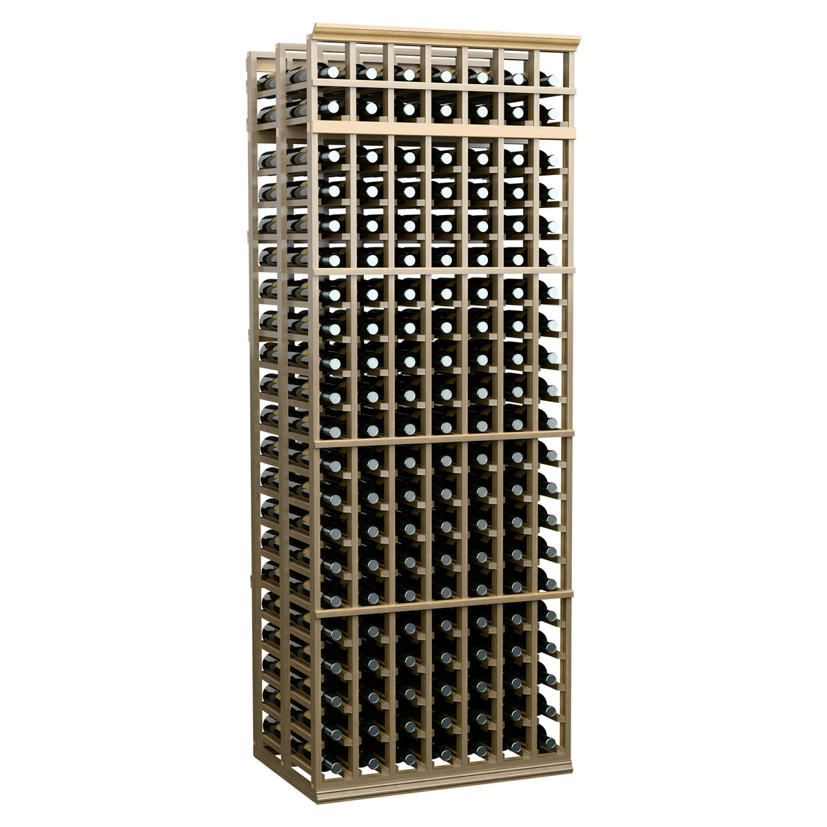 Gray double-deep wine bottle rack angled view, showing bottle compartments.