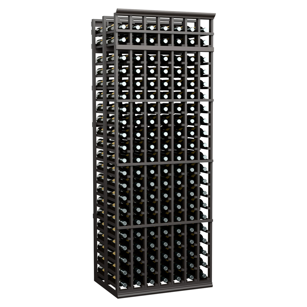 Dark gray double-deep wine bottle rack with front grid and multiple wine bottles.