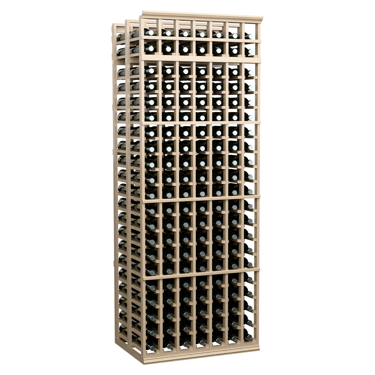 7-foot double-deep wine rack, light wood frame with black grid bottle holders