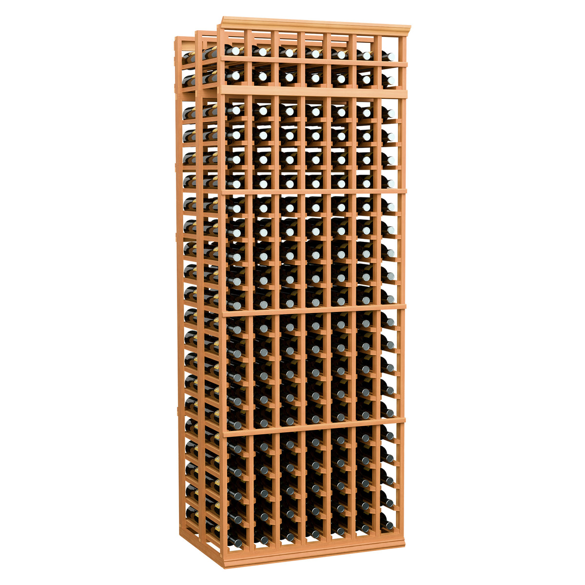 7-foot double-deep wine rack, warm wood frame with black grid bottle holders