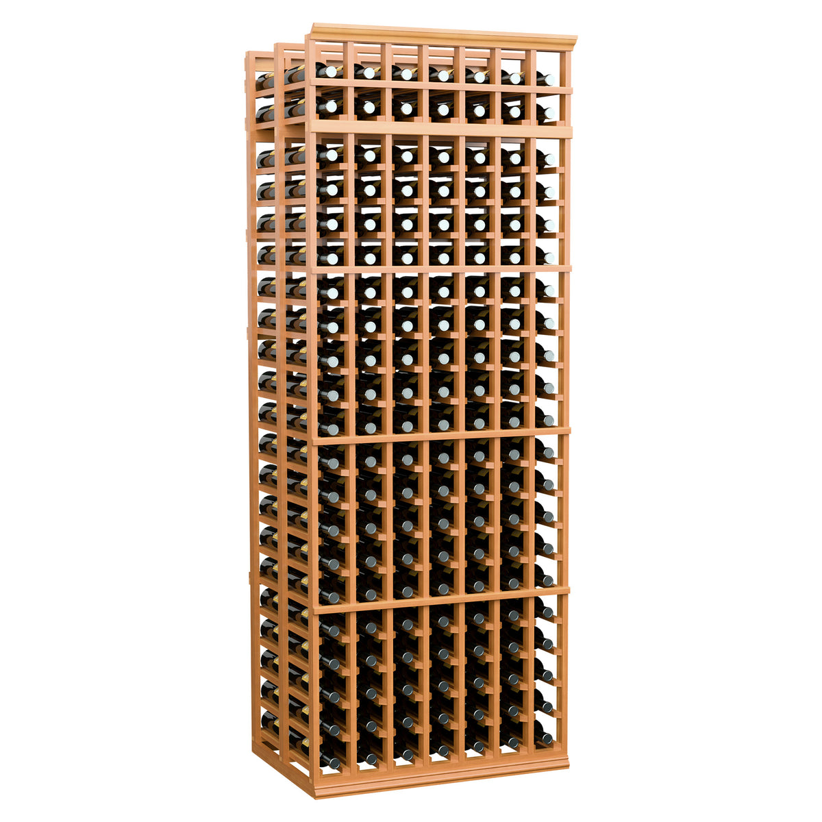 7-foot double-deep wine rack, warm wood frame with black grid bottle holders