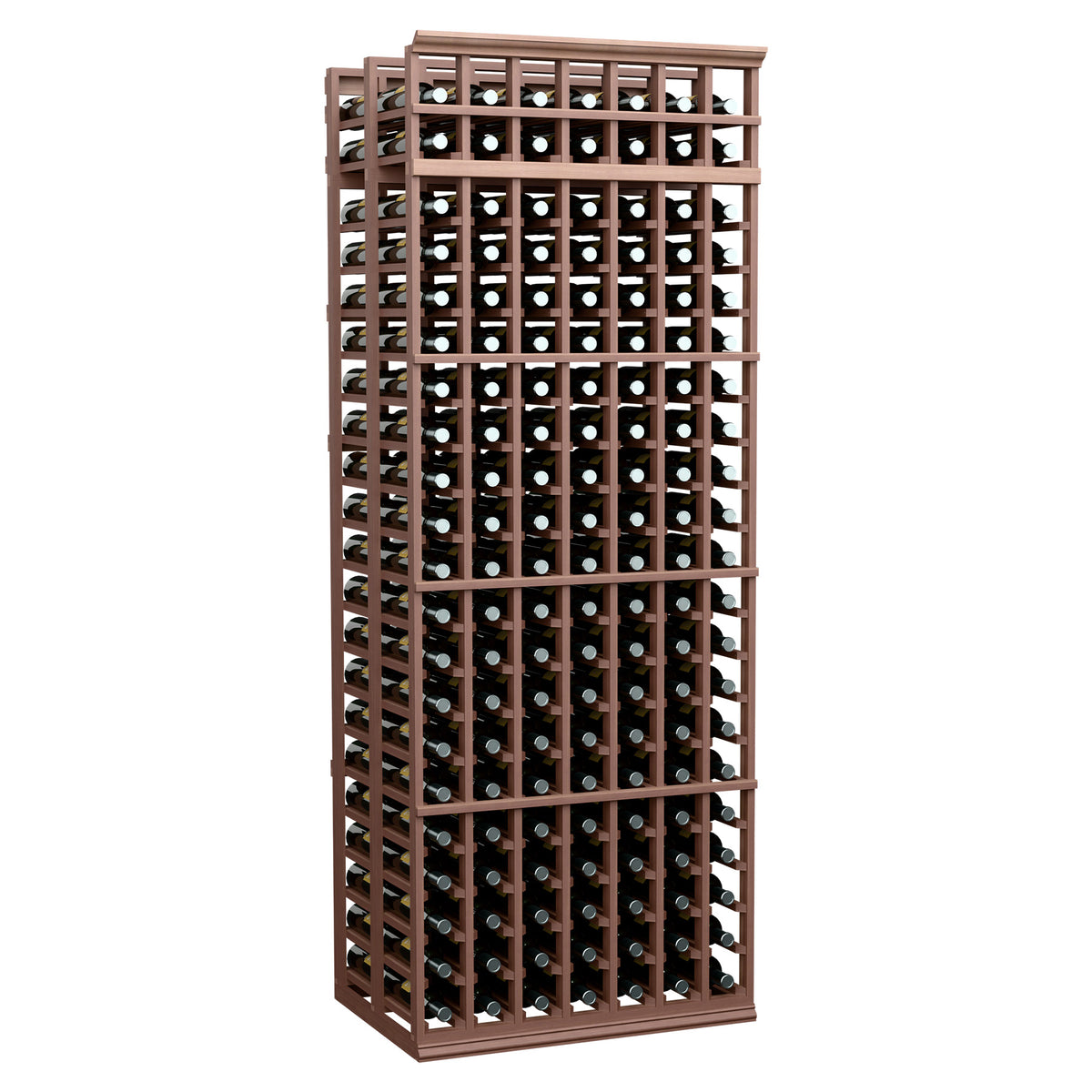 7-foot double-deep wine rack, dark wood frame with black grid bottle holders