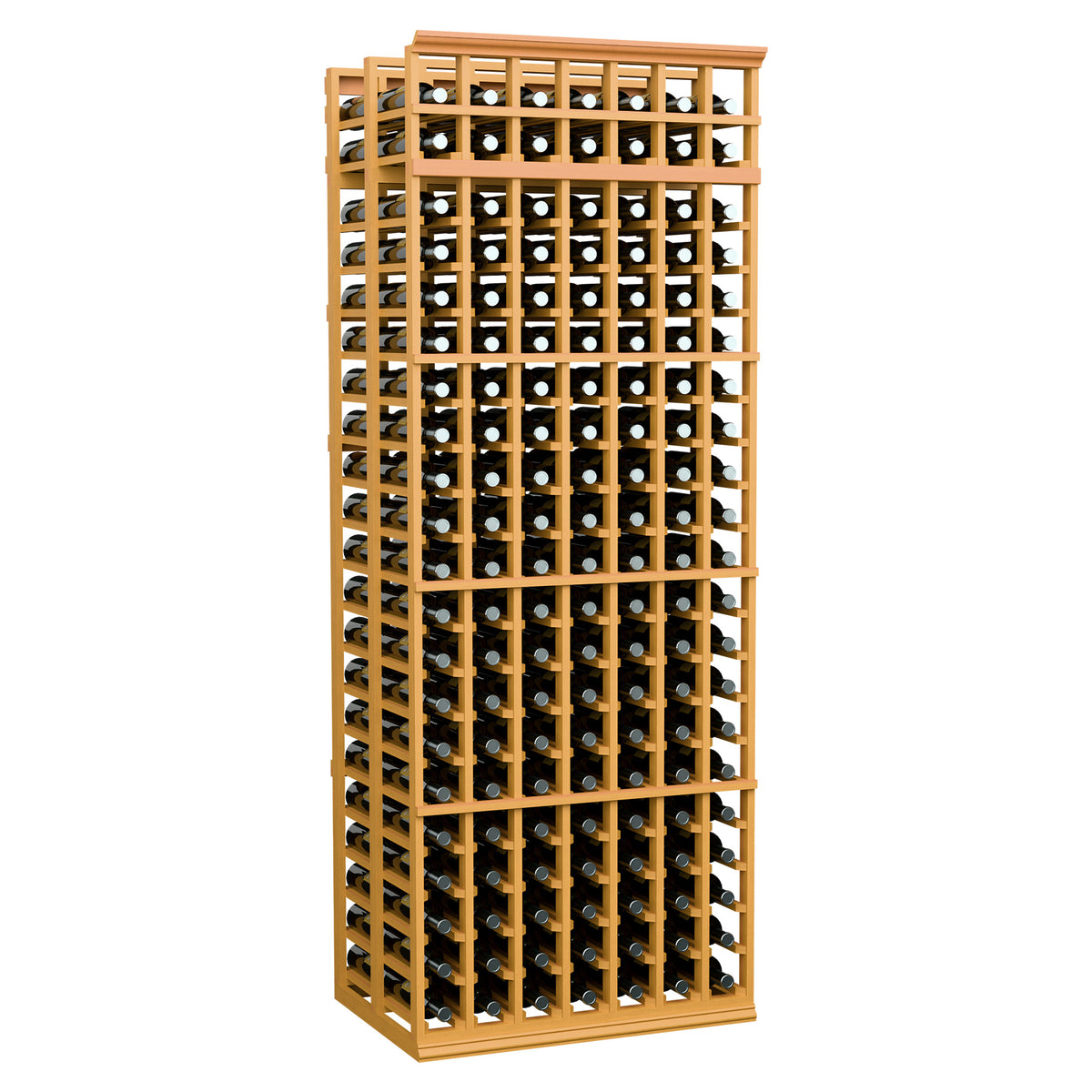 7-foot double-deep wine rack, golden wood frame with black grid bottle holders