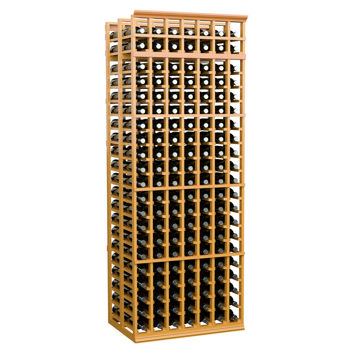 7-foot double-deep wine rack, golden wood frame with black grid bottle holders