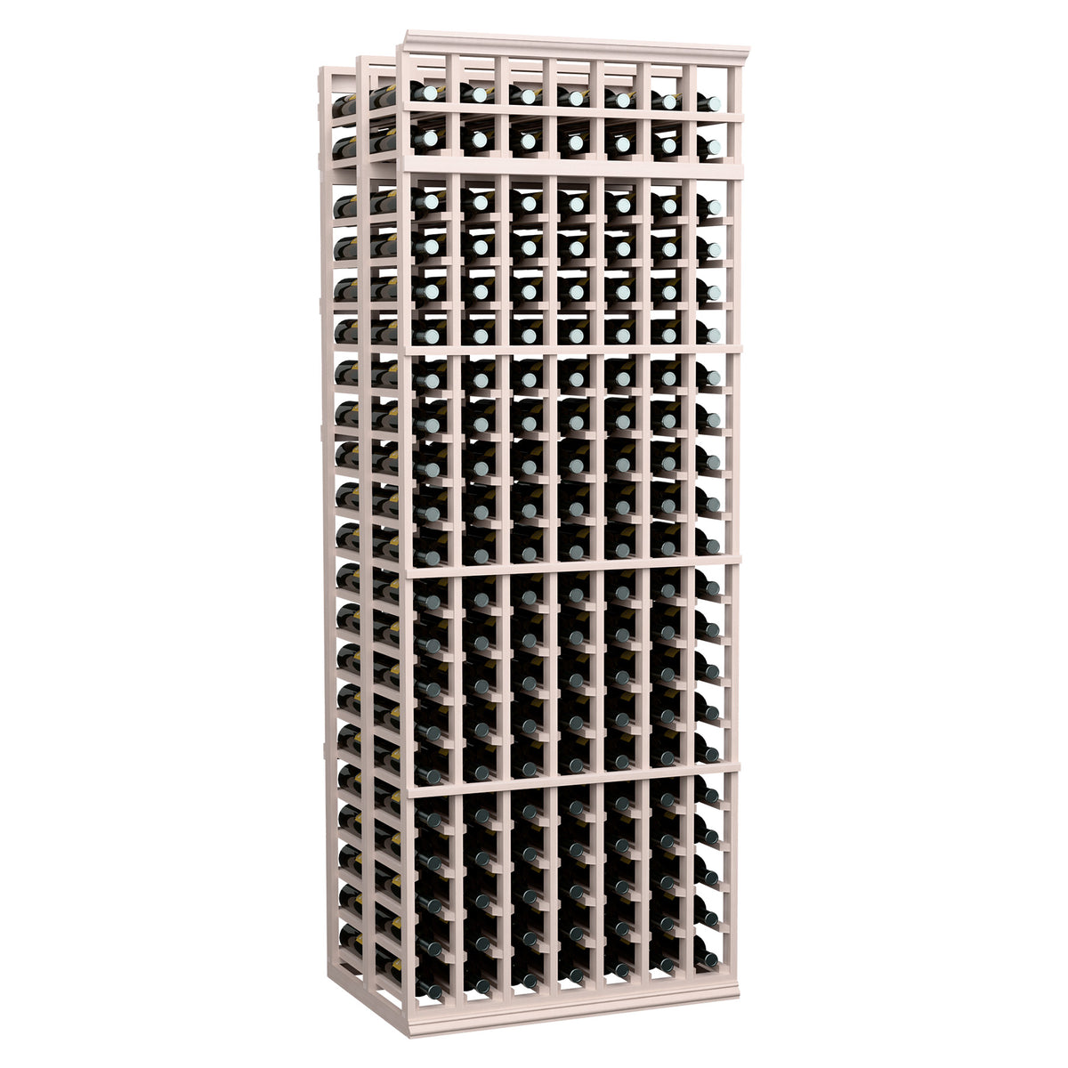 7-foot double-deep wine rack, grey wood frame with black grid bottle holders