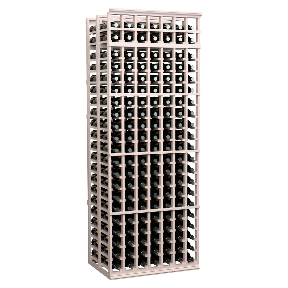 7-foot double-deep wine rack, grey wood frame with black grid bottle holders