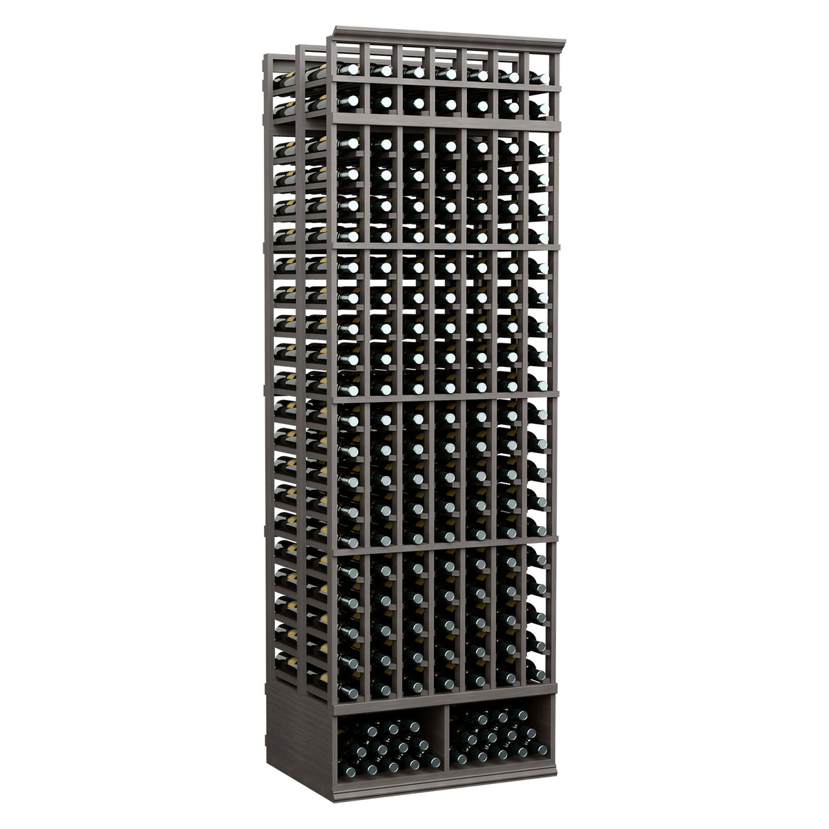 8-ft 7-column double deep wine rack, dark stained wood bottle slots