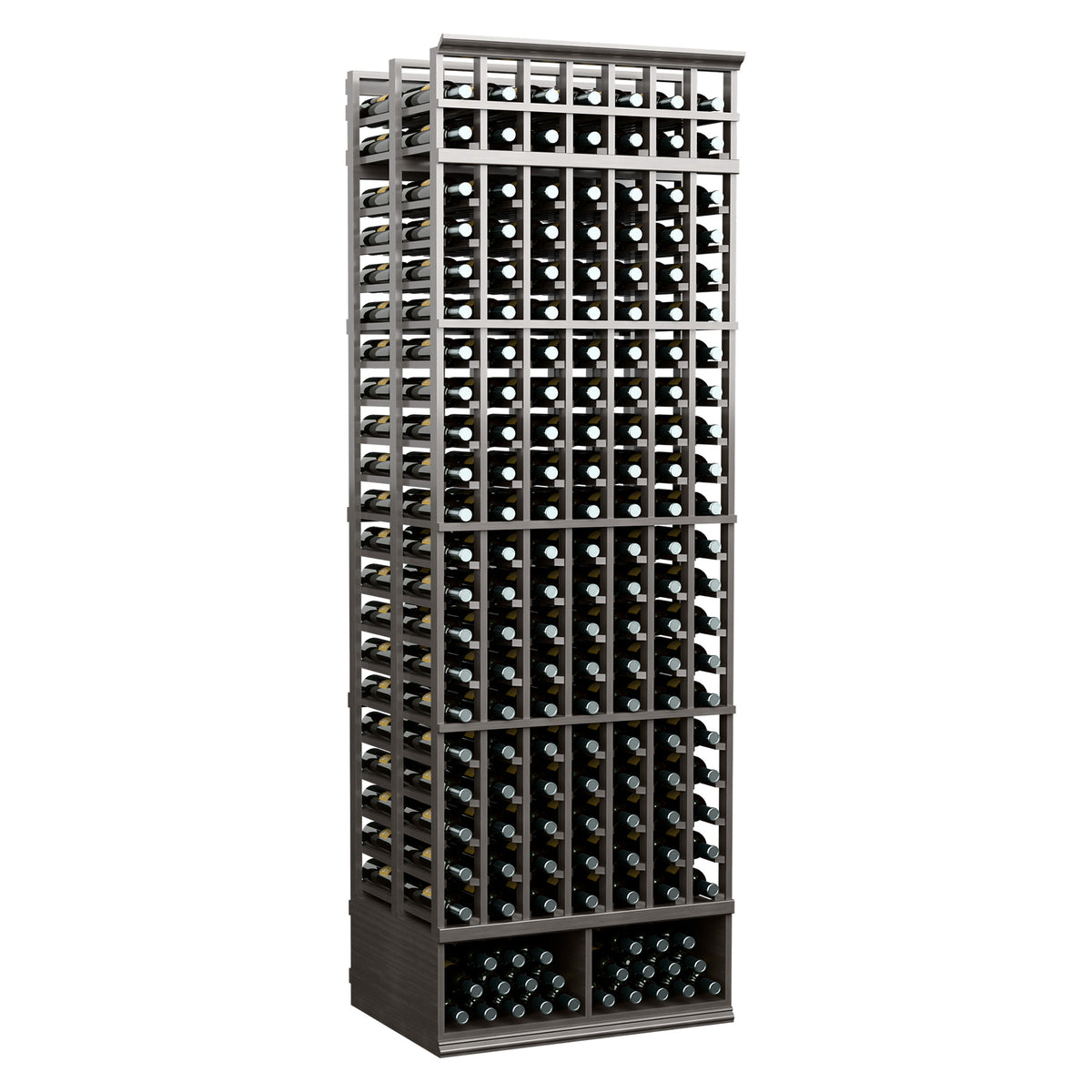 8-ft 7-column double deep wine rack, dark stained wood with bottle compartments