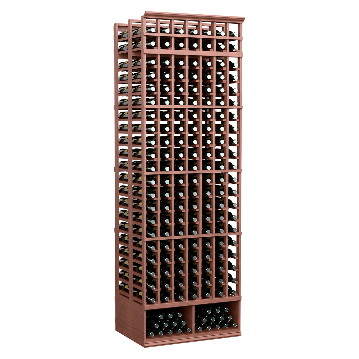 8-ft 7-column double deep wine rack, reddish brown stained wood bottle slots