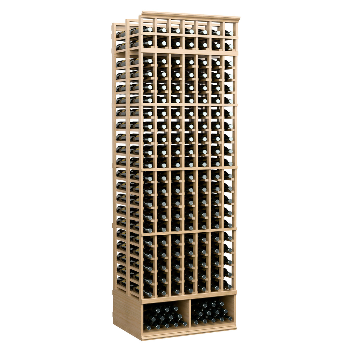 8-ft 7-column double deep wine rack, pale wood frame with bottle compartments